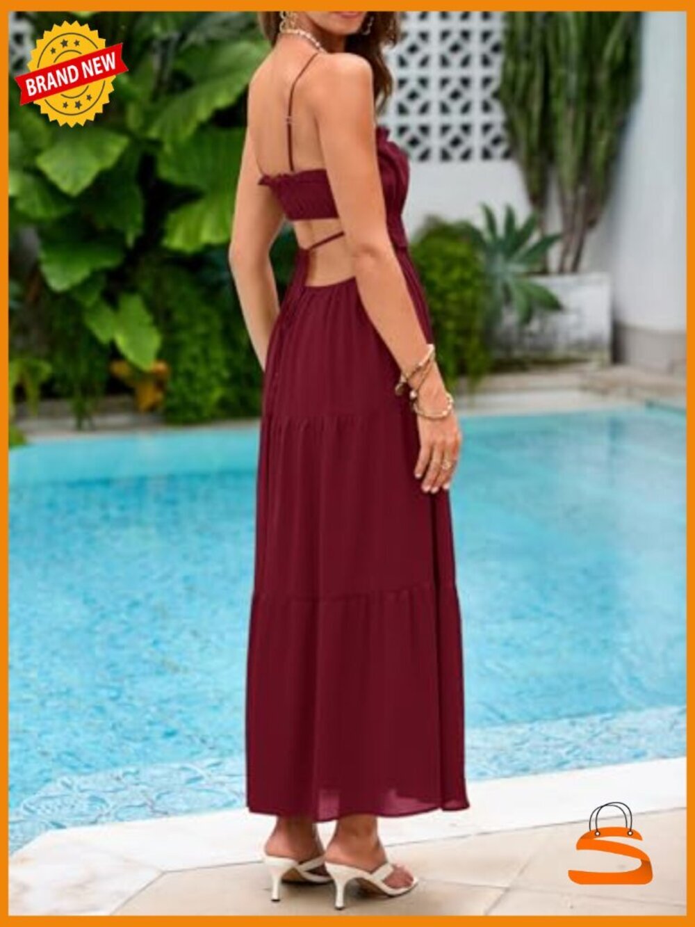 Spaghetti Strap Maxi Dress Side Cut Out Sleeveless Long Boho Backless - Picture 5 of 7